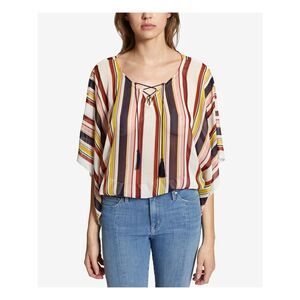 SANCTUARY Womens Ivory Striped Lace Up Scoop Neck PONCHO Top XS